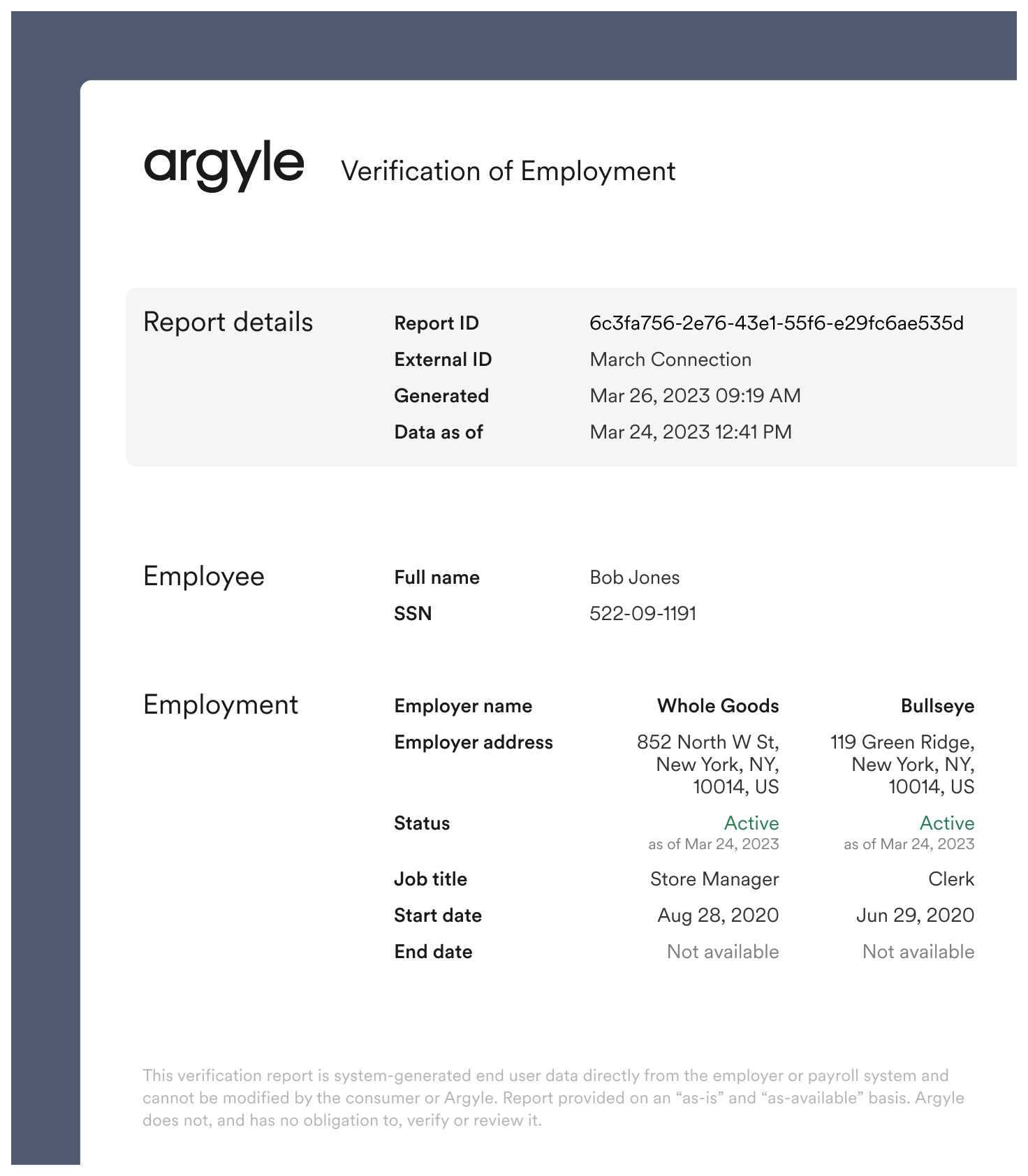 Image of Argyle's Verification of Employment (VOE) report.